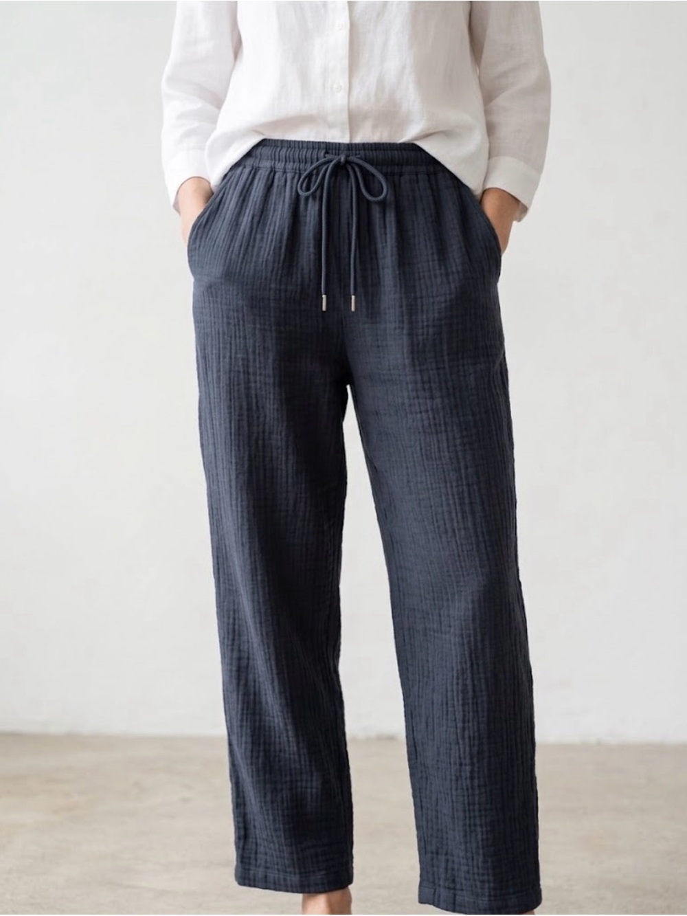 Organic Cotton Crinkle Gauze Loung Pants | Elastic Drawstring Waist | Gray Navy